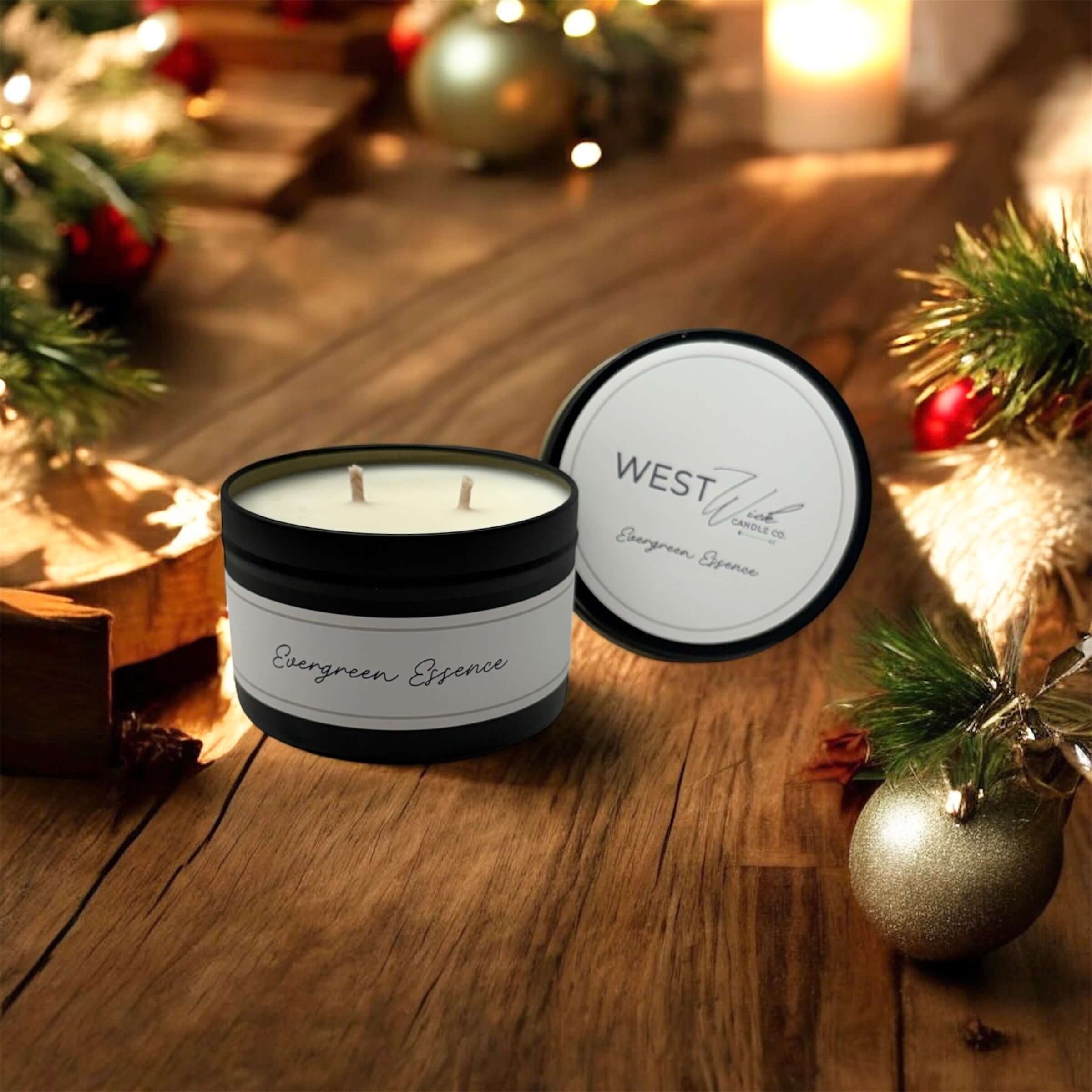 Evergreen Essence - Black Luxe Candle with two wicks, surrounded by festive decorations and warm holiday ambiance.