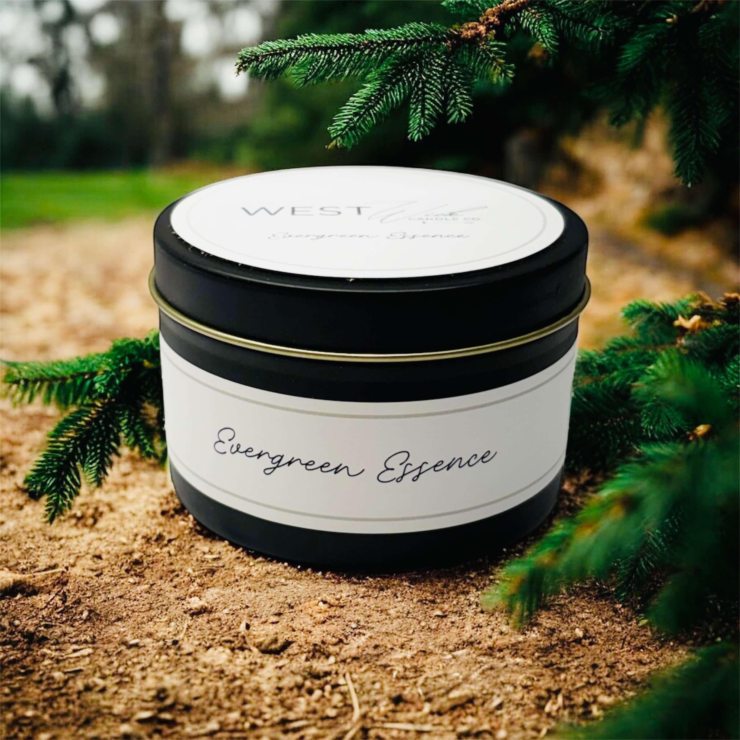Evergreen Essence - Black Luxe Candle displayed outdoors near evergreen branches.